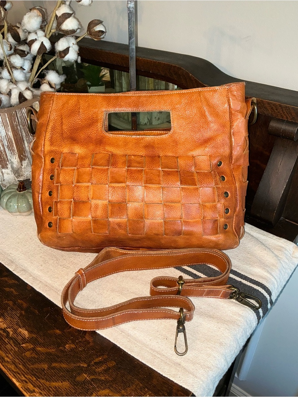 Bed Stu Orchid Leather Satchel Handbag Crossbody Bag Cognac Dip Dye MSRP 280